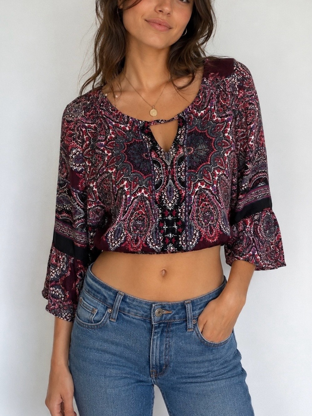 Angie Y2K Boho Paisley 3/4 Sleeve Blouse Smocked Waist Keyhole 2000s Vintage